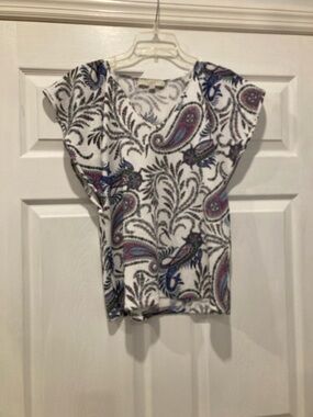LOFT White Paisley Cap-Sleeve V-Neck Top with Blue and Purple Accents